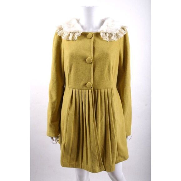 A'reve Womens Swing Jacket Coat Sweater Sz L Chartreuse Pleated Faux Fur Collar - Picture 1 of 6